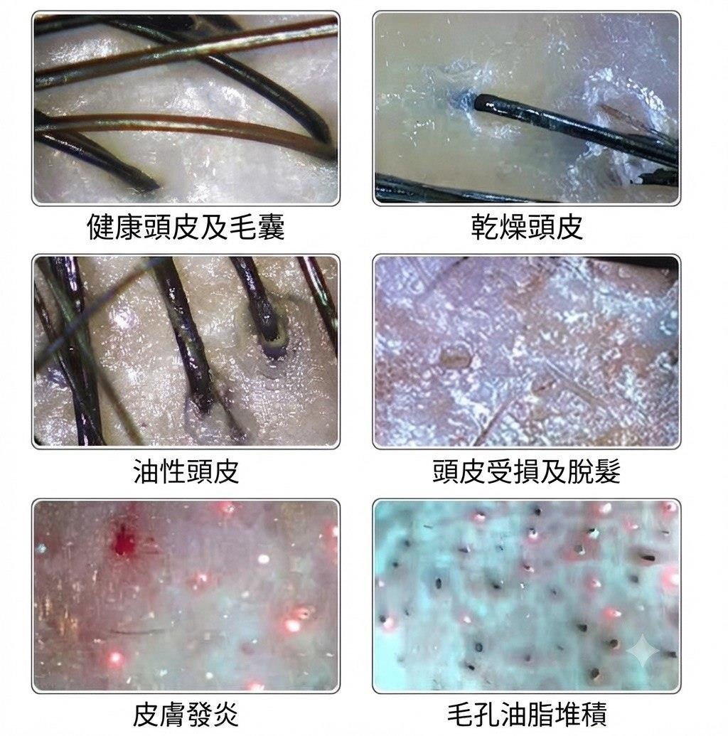 高倍顯微鏡頭皮狀態對比：健康、乾燥、油性、受損、發炎、油脂堆積